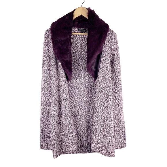 Bebe Y2K Women's Purple Speckled Open Front Duster Cardigan w Fur Collar SM - Picture 1 of 9